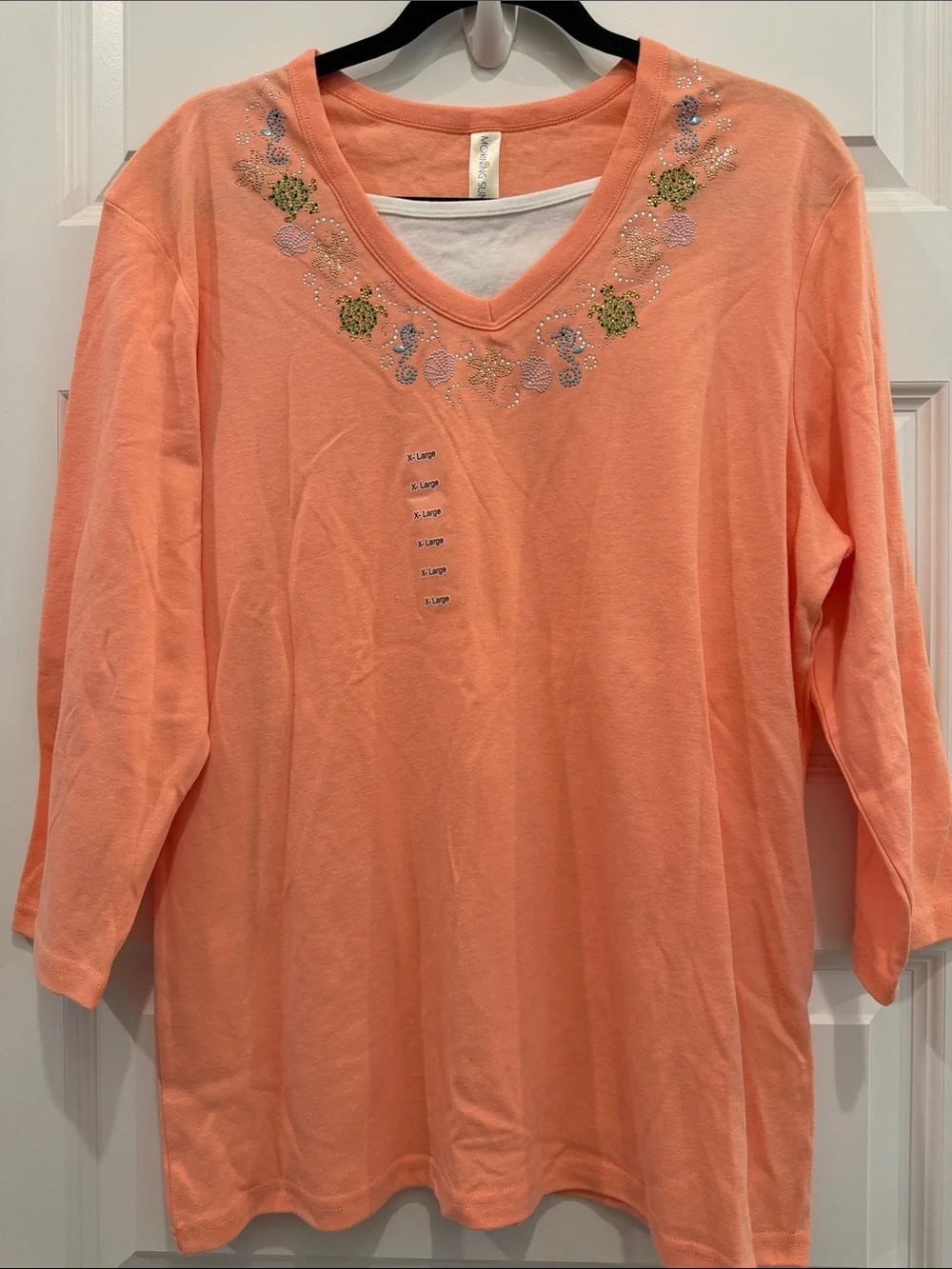 Embellished V-Neck Long Sleeve Top in Coral Peach by